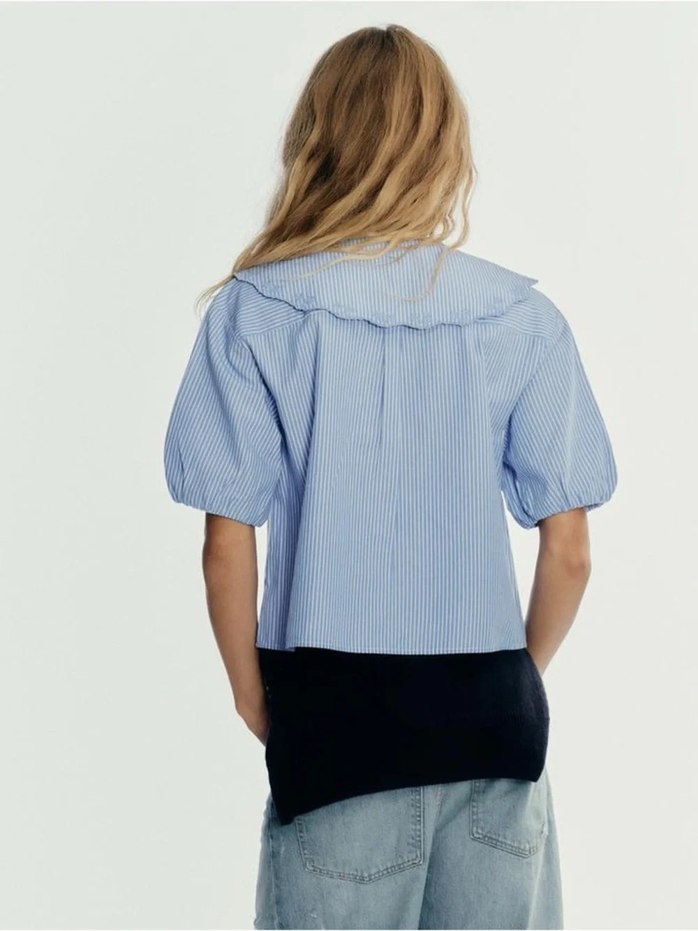 ZARA striped cotton shirt with peter-pan collar and embroidery, Loose fit XS NWT